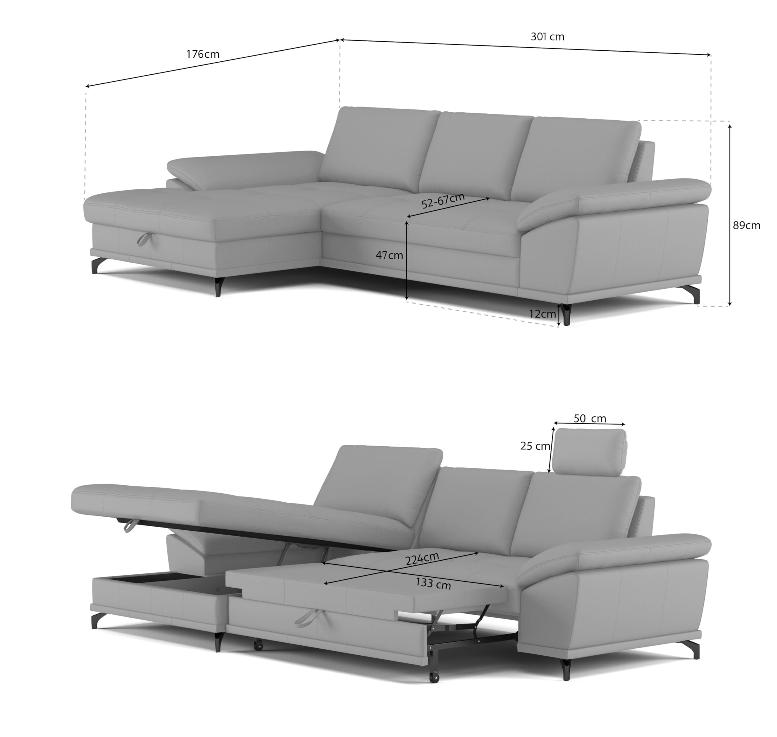 Cavadore Eckcouch Castiel mit Federkern / Ecksofa mit XL-Longchair, Bett, Bettkasten, Sitztiefenverstellung, Kopfstützen und mattschwarzen Metallfüßen / 301 x 89-114 x 176 / / Echtleder, Weiß