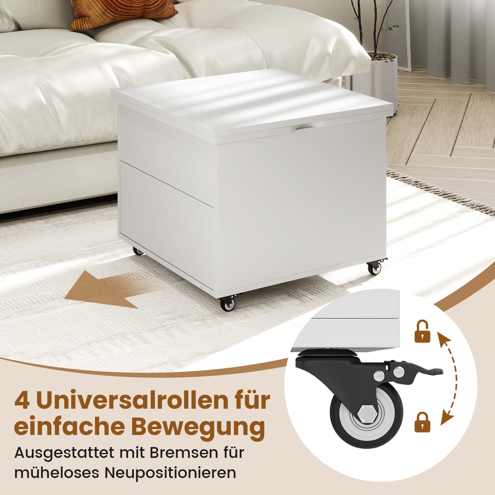 COSTWAY Couchtisch Höhenverstellbar, Wohnzimmertisch mit Schublade, Rollen & verstecktem Stauraum, 3-in-1 Kaffeetisch umwandelbar in Beistelltisch & Esstisch, Sofatisch 120 x 60 x 66 cm (Weiß)