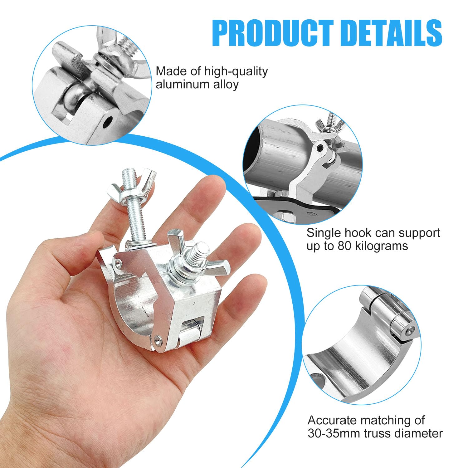 Traversen Klemme 30-35mm O Clamp mit 2 Edelstahl Fangseil 6PCS | Bühnenlichthaken, Beweglicher Kopf, für Leuchten, Bühnenbeleuchtungsausrüstung und Zubehör, 80KG Ladekapazität Truss O Clamp