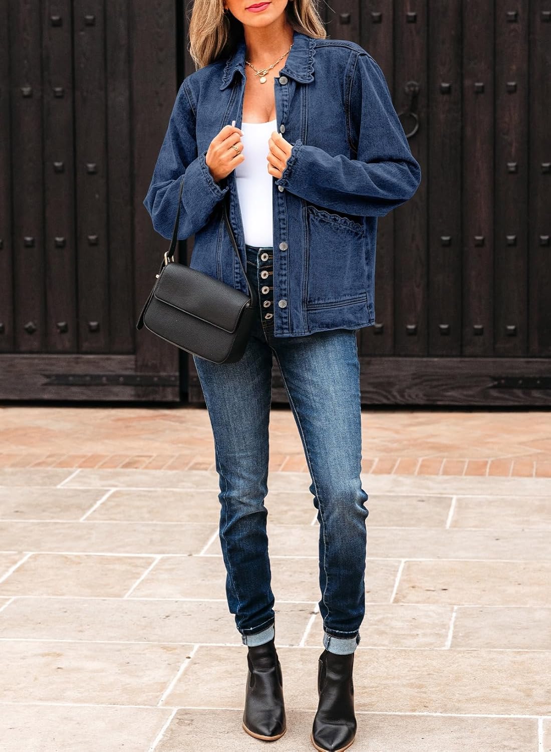 Sidefeel Women's Jean Jacket Long Sleeve Button Down Ruffled Denim Jacket Shacket - Image 5