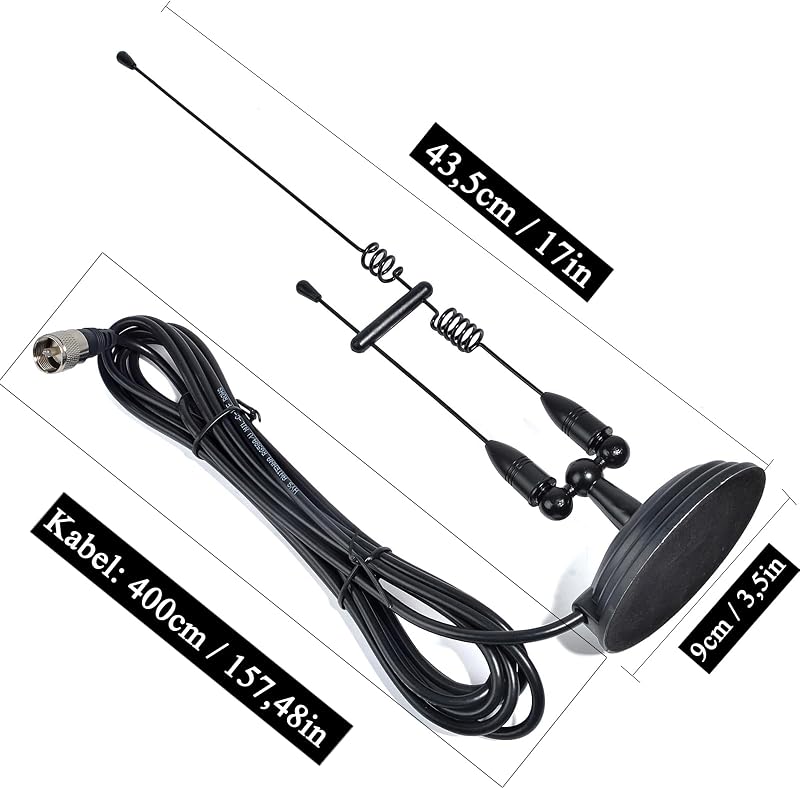 Antenă radio amator HYS VHF UHF cu bază magnetică puternică, 2 m și 70 cm, cablu coaxial RG58 de 4 m cu conector PL259