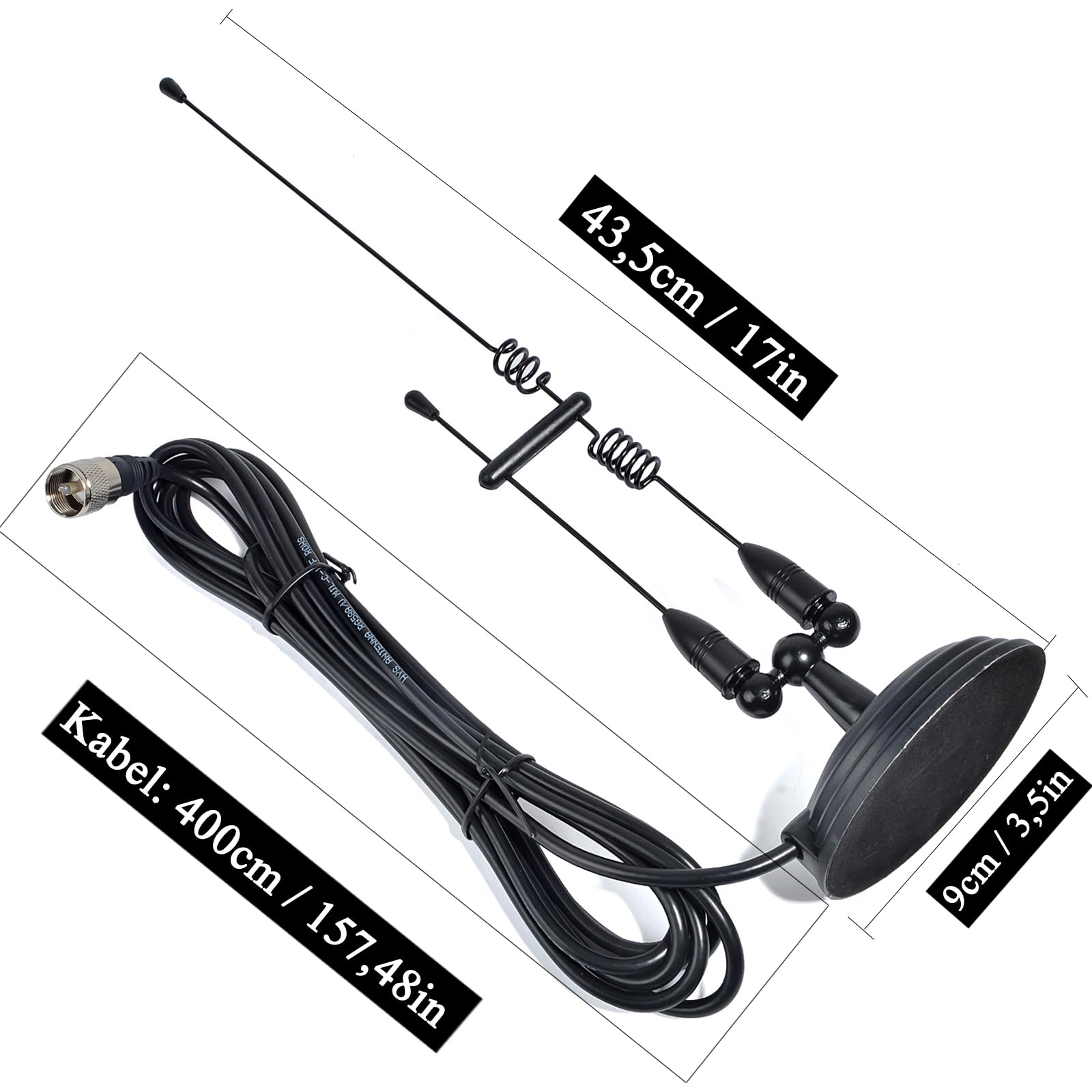 HYS Amateur - Antena de radio VHF/UHF (2 m/70 cm, base magnética, 4 m, cable RG-58 con conector PL259 MS10)