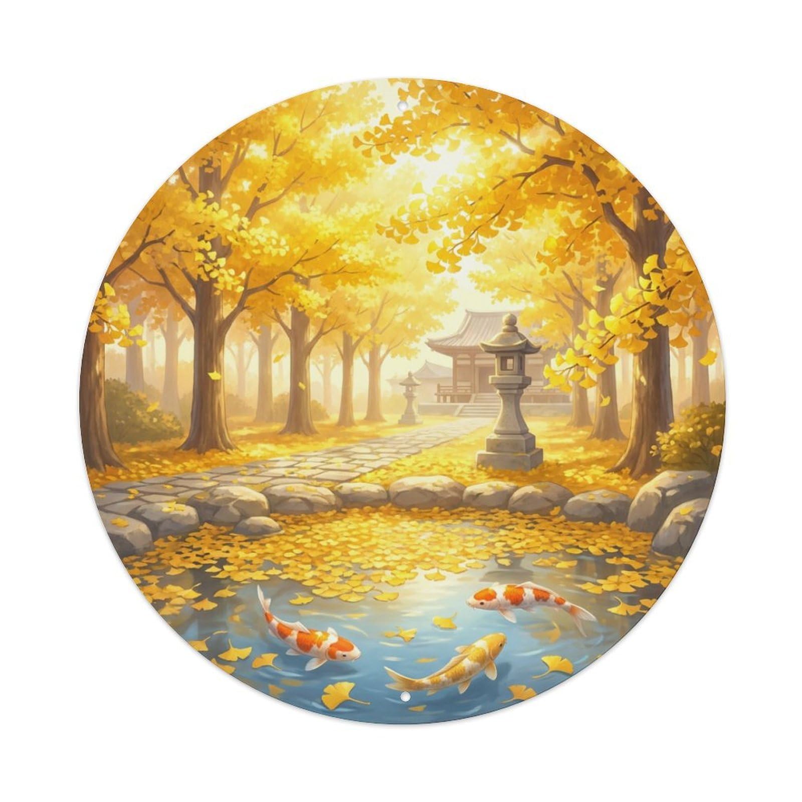 Galvaxio Style Japanese Koi Fish Ginkgo Trees Golden Autumn Metal Tin Sign