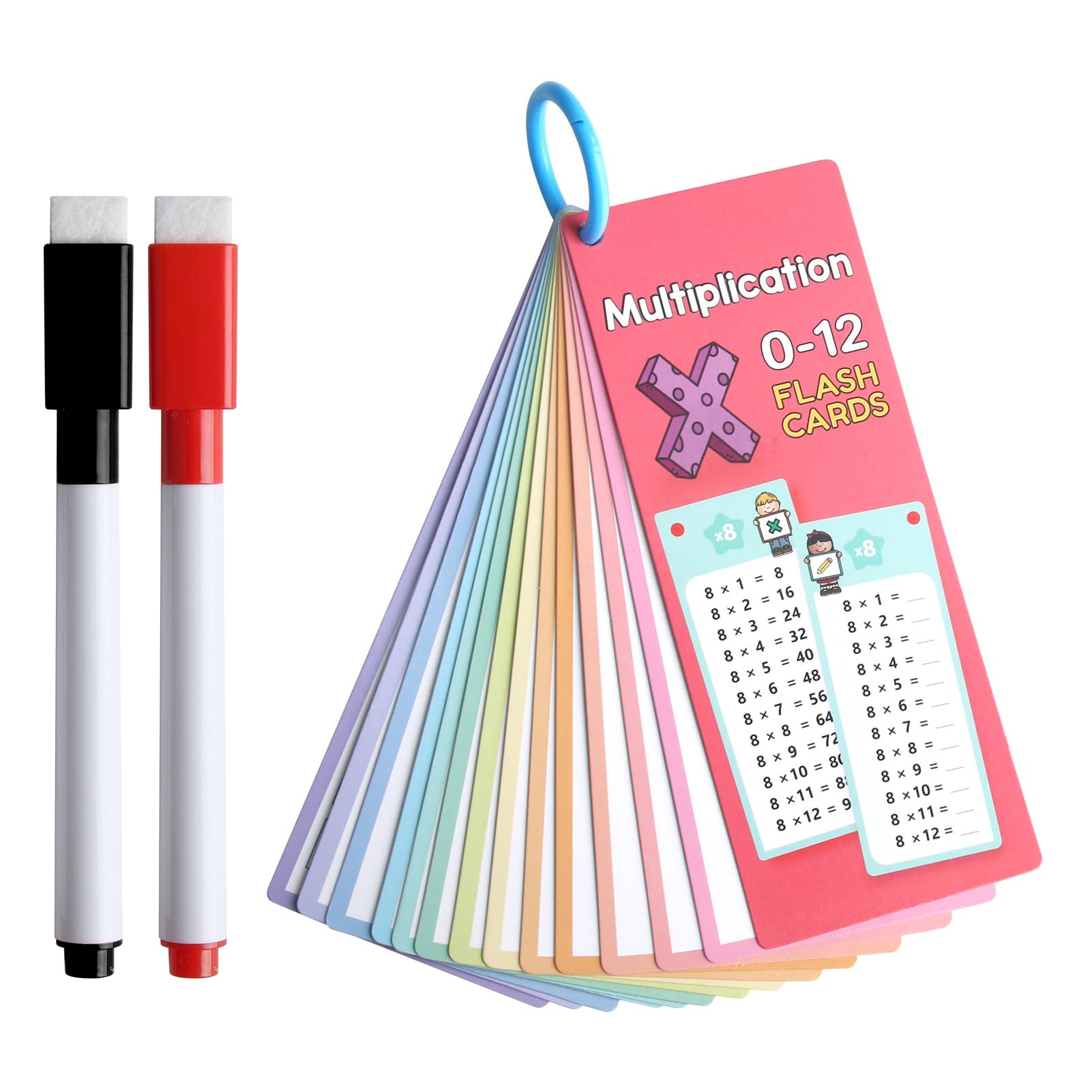 nllkii0-12 Multiplication Flashcards 15 Pcs Times Table Flash Cards with 2 Dry Erase Markers 1 Rings,Educational Math Flashcards for 1st to 3rd Grade Multiplication Game Classroom and Home Fun Math Games