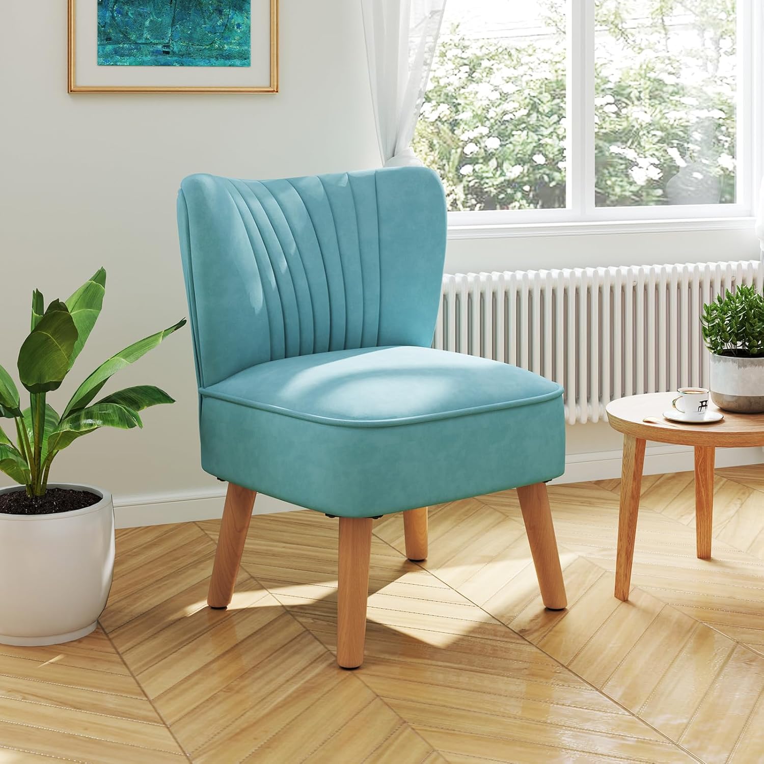 KOMFOTT Velvet Accent Chair, Modern Armless Sofa Chair with Solid Rubber Wood Legs, Wingback Leisure Chair with Thick Cushion, Upholstered Side Chair for Living Room, Bedroom, Turquoise