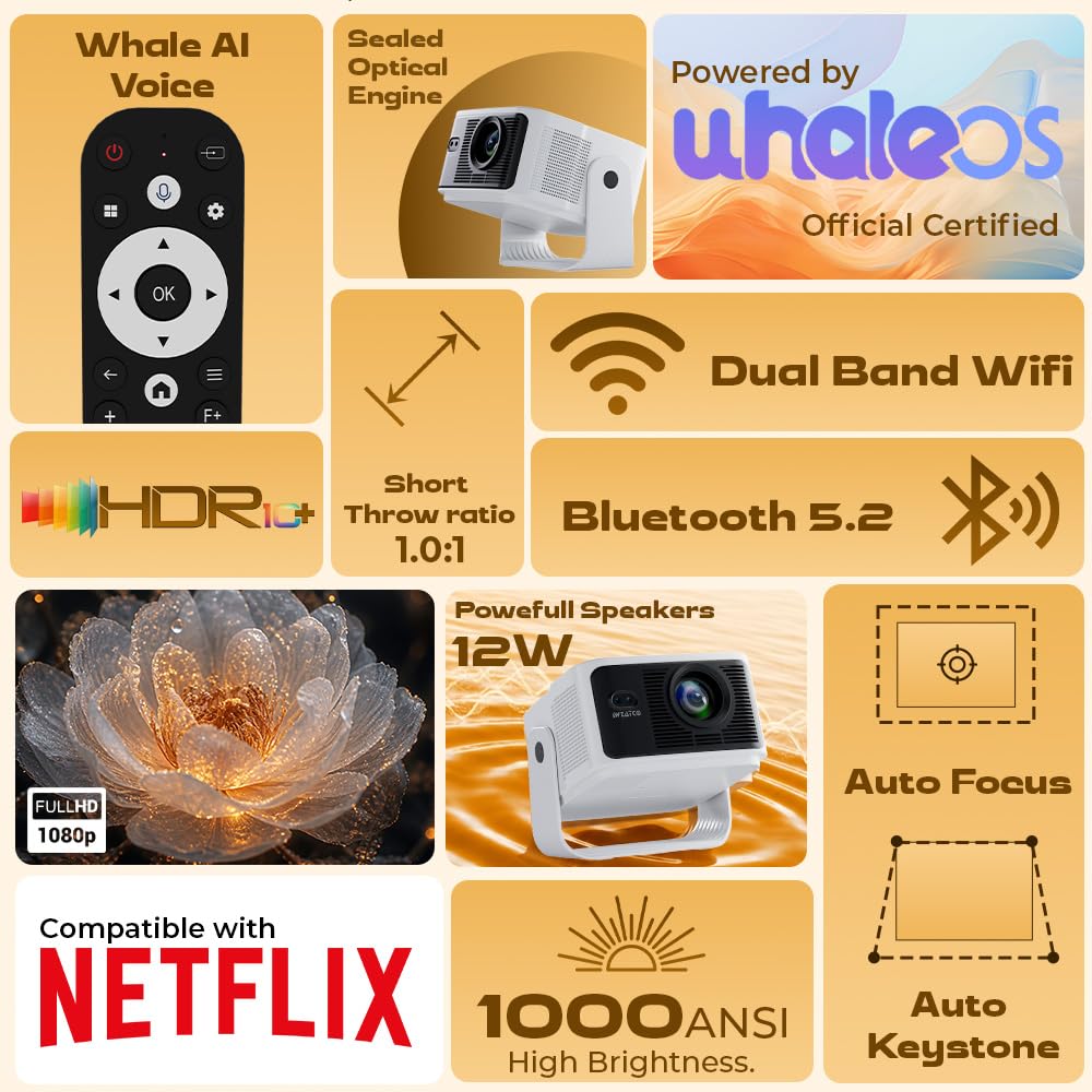 WZATCO Yuva Vibe Pro Certified Netflix Smart Home Native 1080P Projector 4k Ultra hd, Fully Automatic, 1000 ANSI, Sealed Engine, HDMI ARC, Sealed Engine, Voice Remote — Amazon image 2