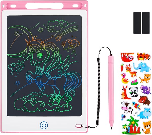 Coozlon LCD Writing Tablet for Kids, 8.5 Inch Erasable LCD Drawing Tablet for Kids with Lock Function Drawing Board for Doodle Drawing and Memo Lists,Free Animal Cartoon Stickers, Cherry Pink - 1
