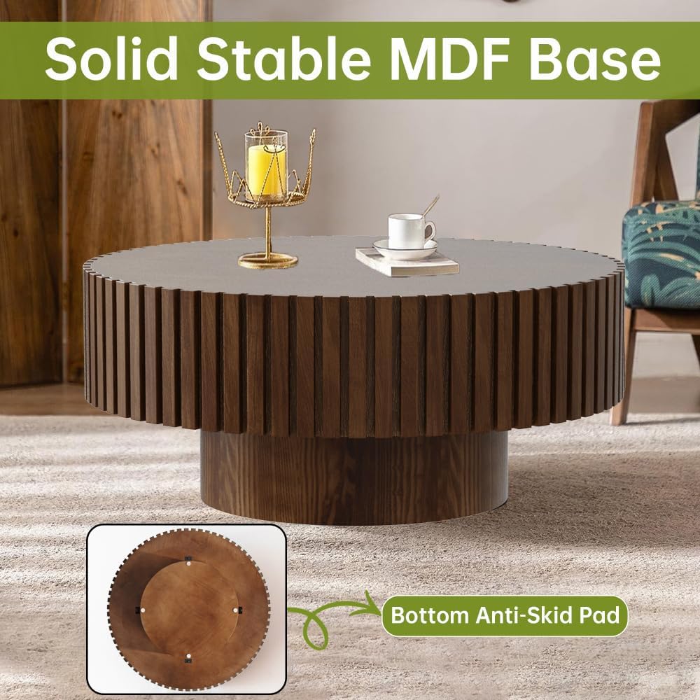 JHKZUDG Round Drum Coffee Table Stripe Fluted Coffee Table Mid Century Modern Coffee Tables Pedestal Coffees Table for Living Room Farmhouse,Round Brown
