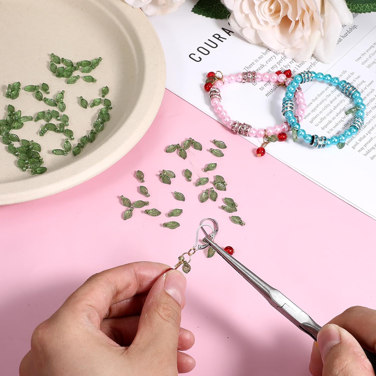 Larrel 100 Pcs Green Leaf Beads, Transparent Acrylic Leaves Pendants Tiny Green Leaf Bead Caps with Hole for Jewelry Making DIY Spring Crafts Earring Bracelet Wind Chimes - Image 3