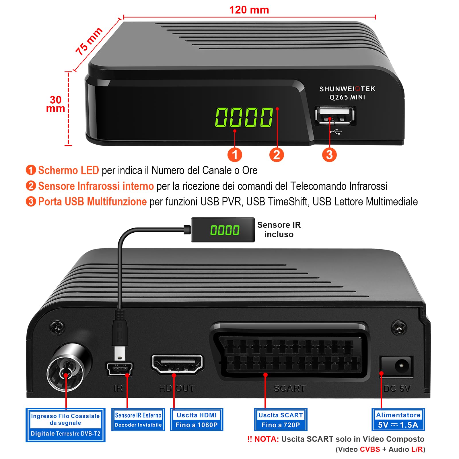 Decoder Digitale Terrestre 2025 con PVR Registra Programmi Preferiti, Mini Ricevitore DVB-T2 con Ordinamento LCN e FM Radio, Uscita Scart Hdmi e H265 HEVC Full HD 1080P Decodifica