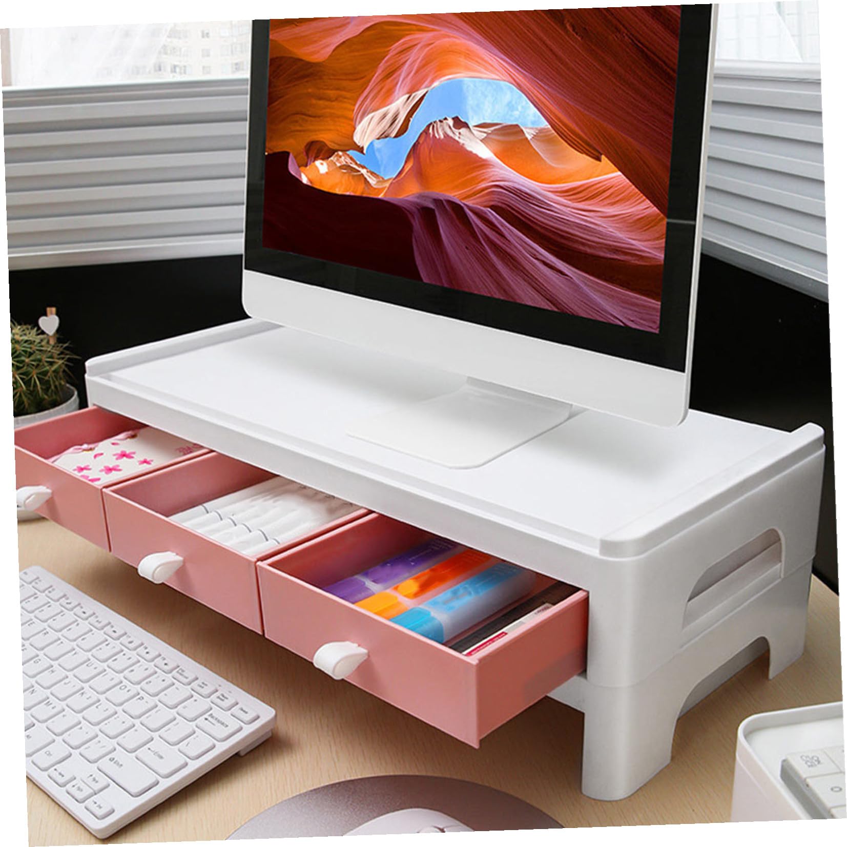 SHINEOFI Supporto per Monitor Elevato in Plastica Rosa per Scrivania | Organizer da Casa, per Cancelleria e Cosmetici, Struttura Classificata, per Studenti e Appassionati di Makeup