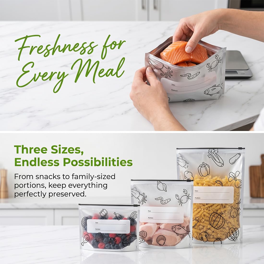 Bolsas de Aluminio Reutilizables para Almacenar Alimentos, Bolsas de Almacenamiento con Cierre Zip y Etiqueta, Bolsas Herméticas y Gruesas para Congelador, Verduras, Frutas y Carne (100 PCS,S+M+L)