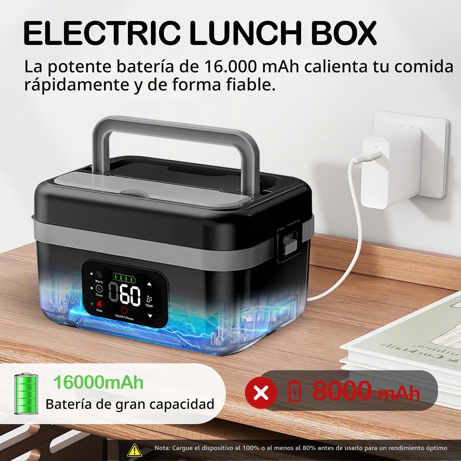 Fiambrera Eléctrica Portátil, Fiambrera Inalámbrica Autocalentable Recargable, 1L Fiambreras Bento Adultos con Calentamiento Programado, Fiambreras Comida para Comidas en Movimiento
