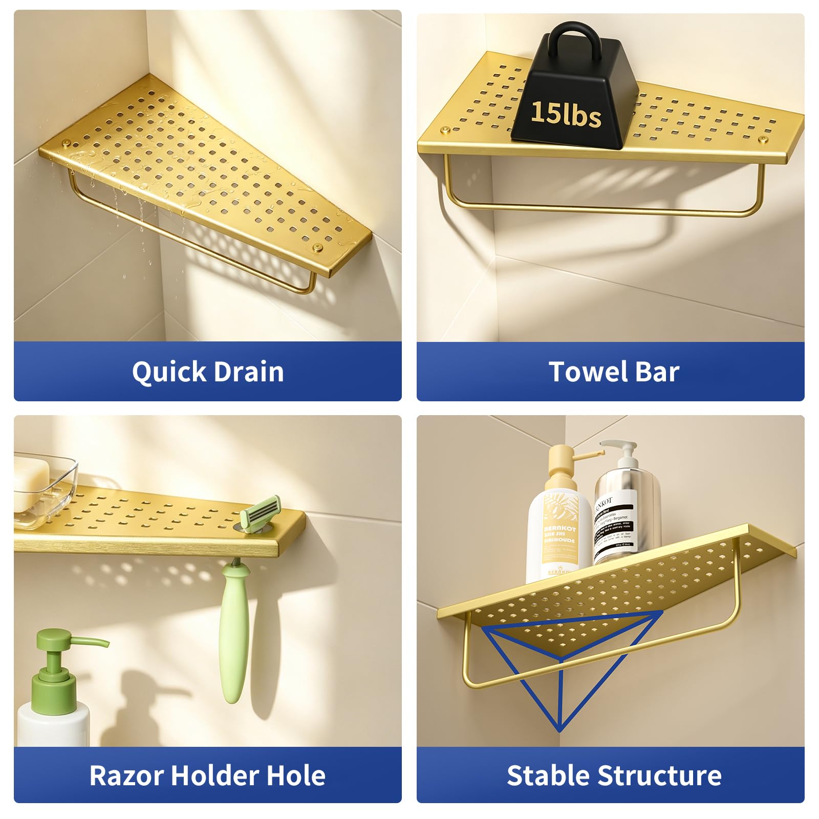 Estante de pared de acero inoxidable 304, estante de ducha sin taladrar con barra de toalla, moderno diseño flotante para baño, ducha y cocina, organizador de champú antióxido, 305 x 155 mm