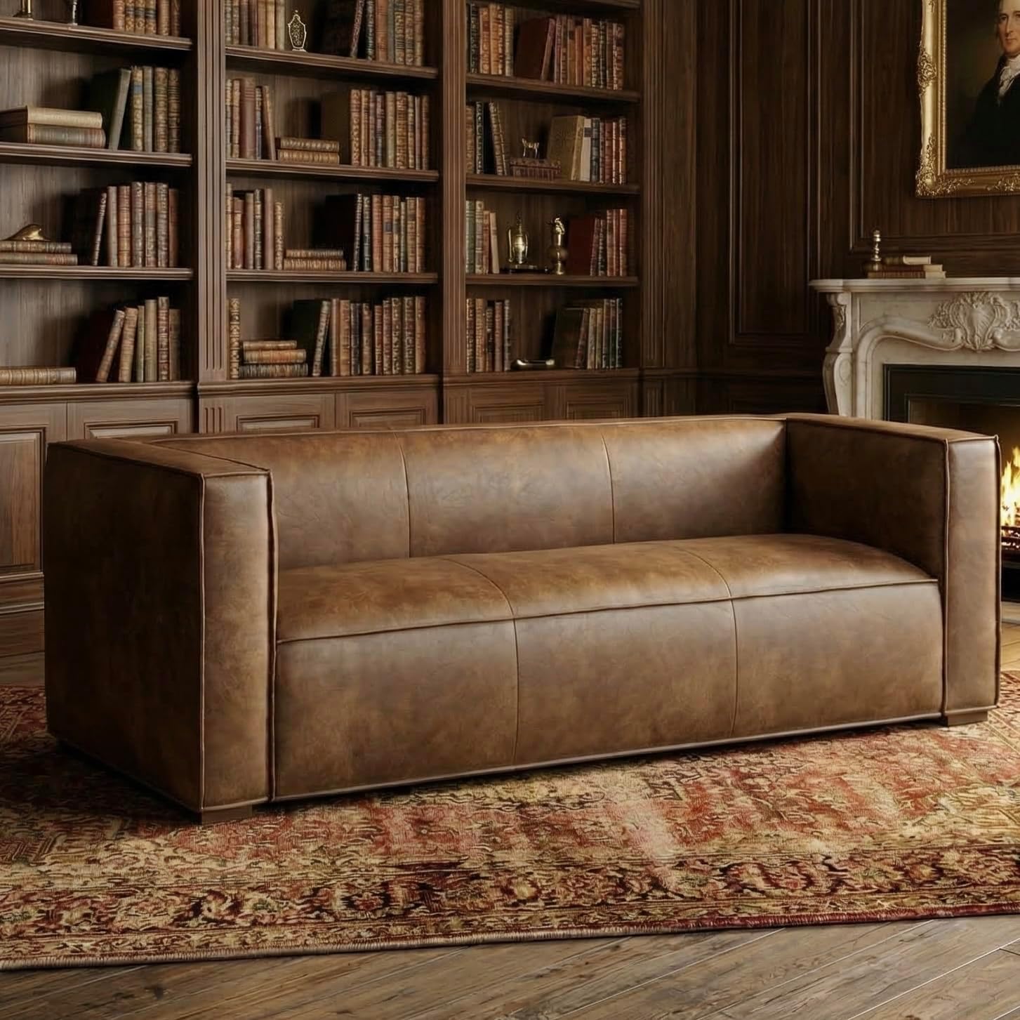 CHERS 83" Faux Leather Sofa, No Assembly Required One-Piece Couch, Mid Century Modern 3-Seater with Solid Wood Frame, Distressed Brown Vintage Patina Aesthetic for Living Room, Office, Reception | One-Piece Structure, Old Money Aesthetic, Performance, Durability