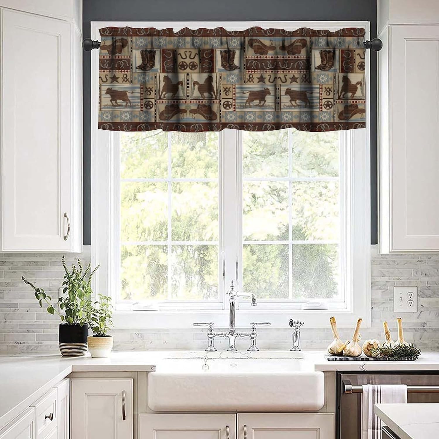 Cowboy Valances Curtain Retro Western Cactus Southwestern Texas Star Window Treatment Valances Short Curtains Rod Pocket Drapes for Kitchen Dining Room Home Farmhouse Decor, 54x18in
