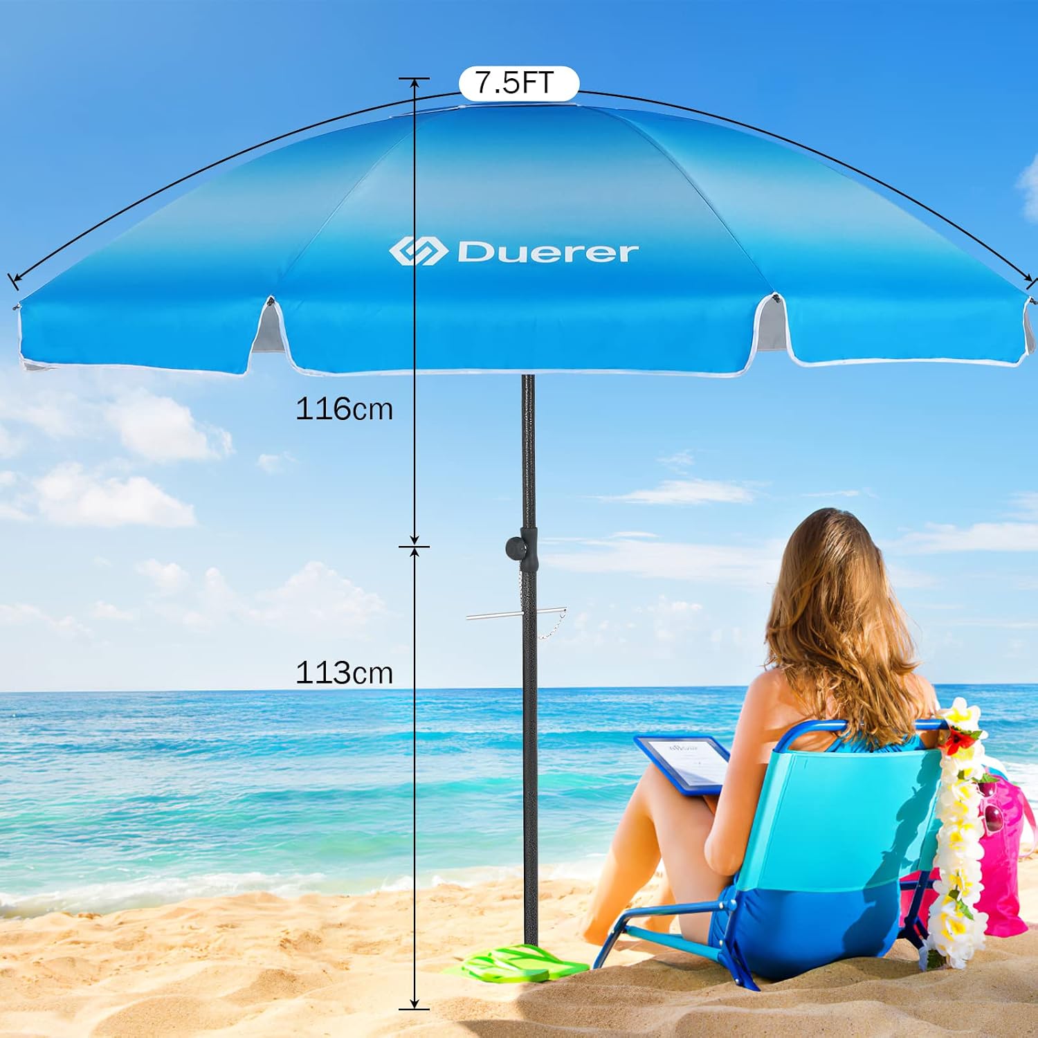 Duerer Beach Umbrellas, 7.5FT Beach Umbrella for Sand with Anchor Heavy Duty Windproof, Height Adjustable Tilt Iron Pole, Portable Beach Umbrella with Carrying Bag for Beach, Patio Garden Outdoor