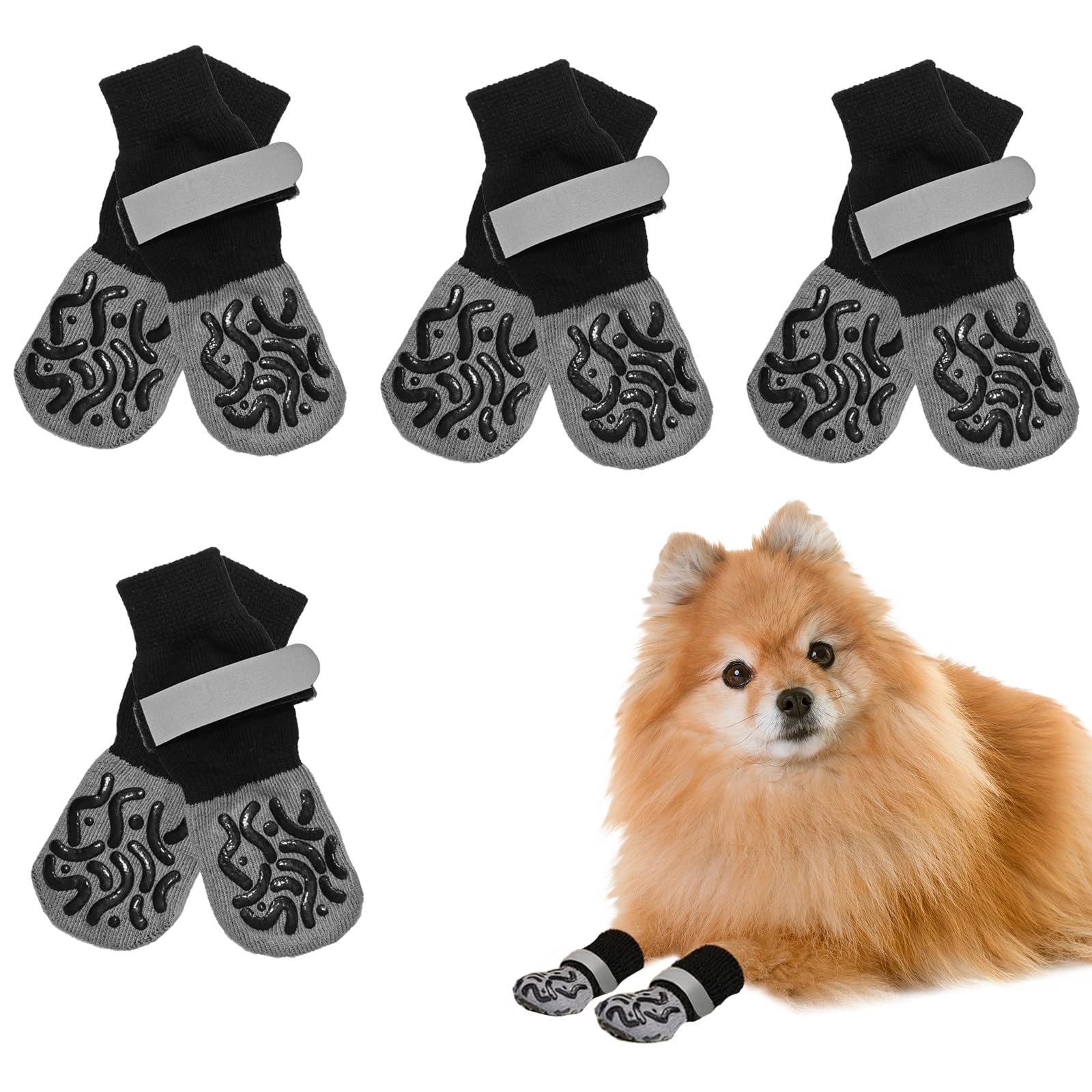 4 Paia Calzini Antiscivolo, Scarpe per Cani Protezioni per Le Zampe Regolabili Tramite Cinturini,Ideali per Uso Interno Ed Esterno, Calzini per Cani Taglia Piccola Media (S)