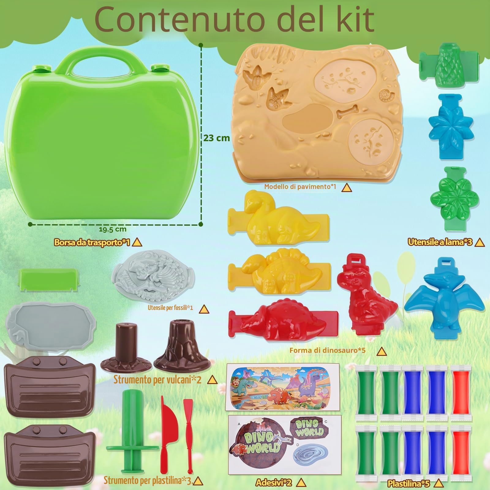 VBACALA Set di Plastilina per Bambini-con Plastilina per Dinosauri Stampini e Utensili per Modellare,Kit per Creare Forme di Dinosauri,Giocattolo Educativo per Bambini e Bambine 3 4 5 6+ Anni