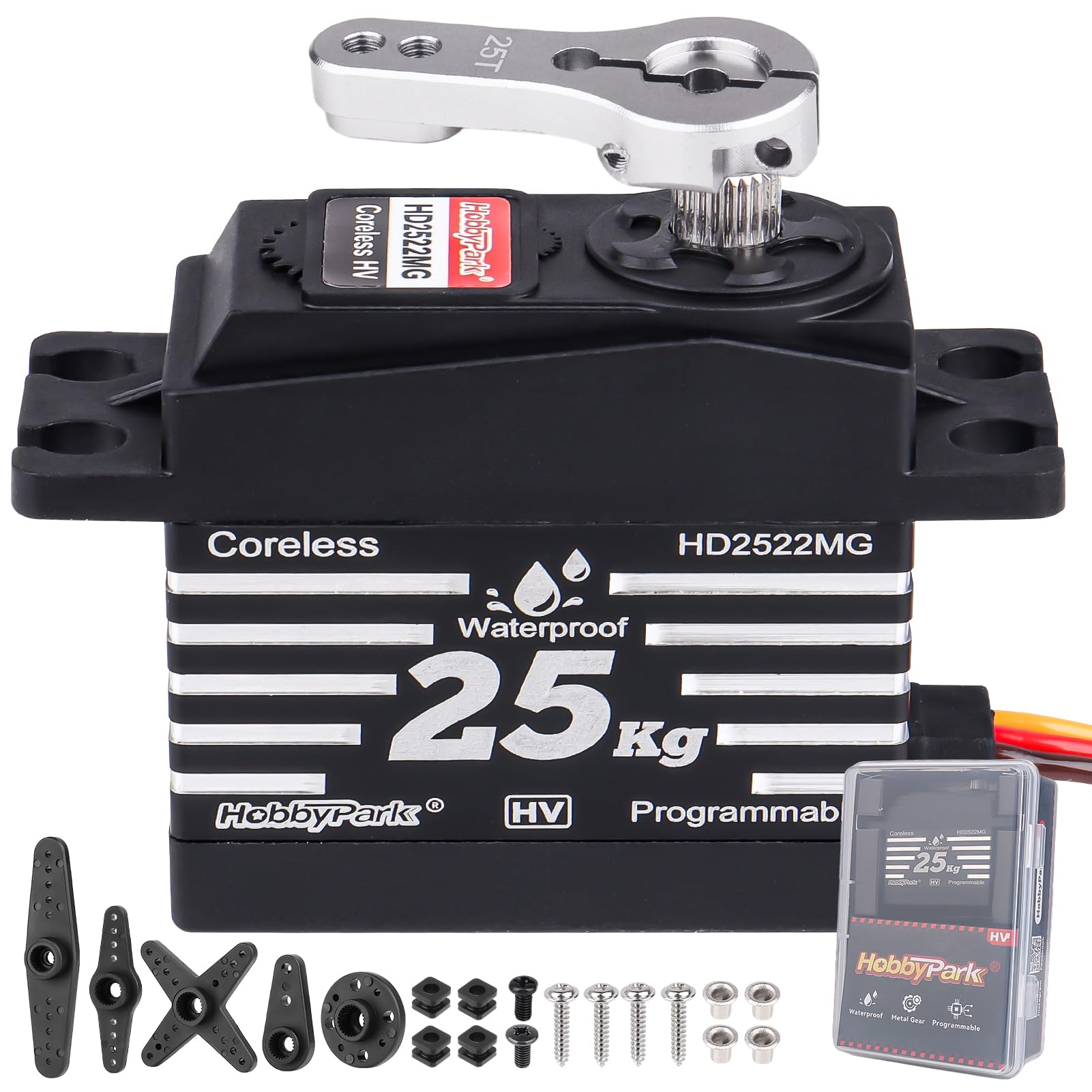 HobbyPark Waterproof 25KG RC Servo High Torque Coreless Motor Metal Gear Standard Digital Servo for 1/8 1/10 RC Cars Trucks Buggy Arduino Servo Robotic Control Angle 180 with Metal Servo Horn Arm