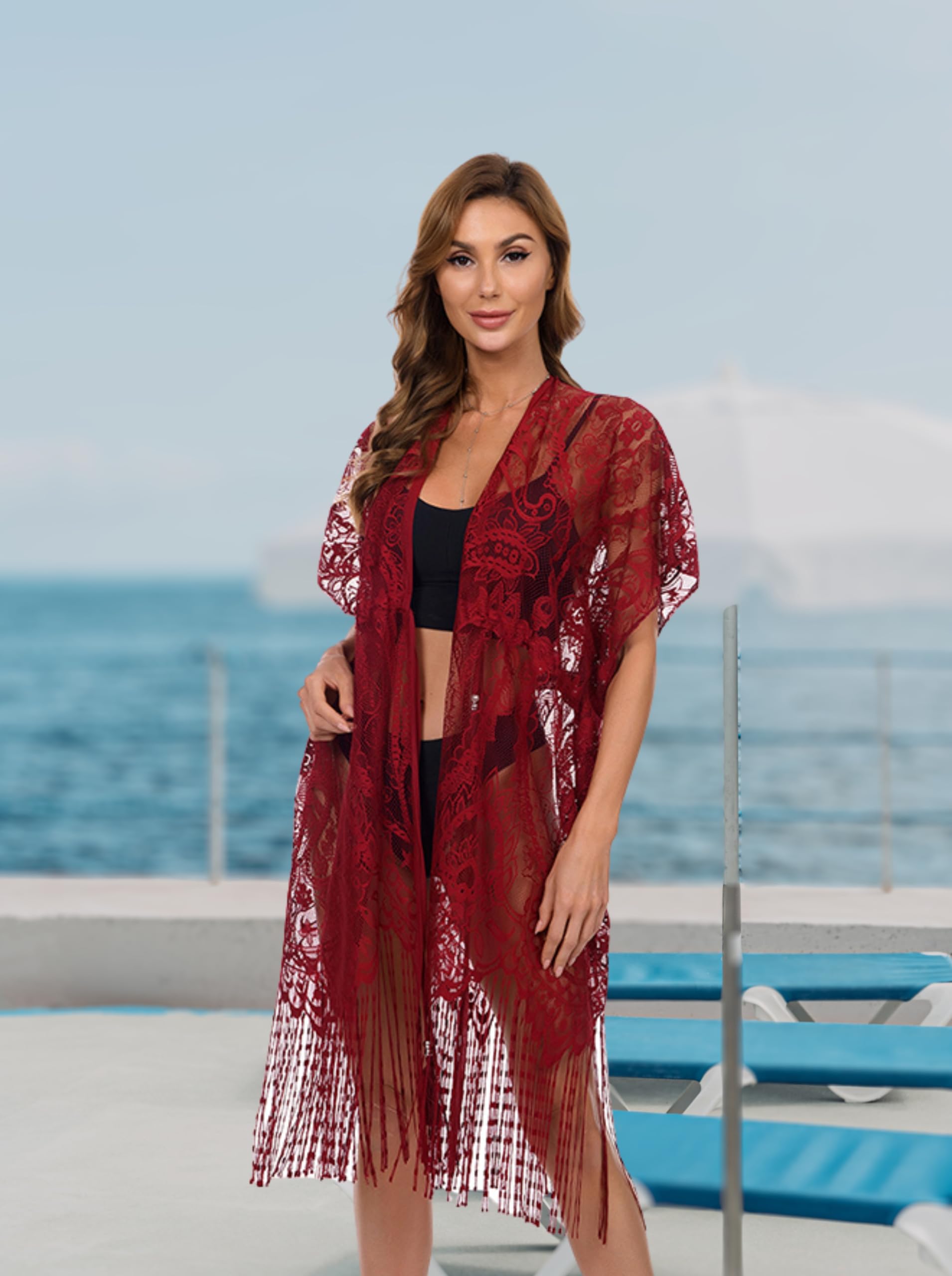 Copricostume da bagno da donna, a maniche corte, in rete, lungo, floreale, da spiaggia, kimono, cardigan estivo
