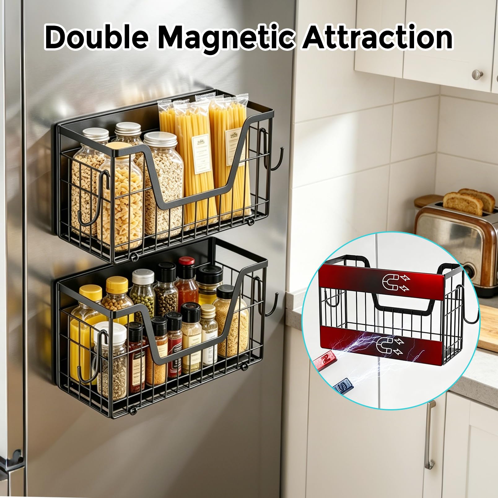 2 Stück Magnetische Kühlschrank Ablage | Klappbares Regal Magnetisch , Magnetische Lagerregal ohne Bohren mit Haken