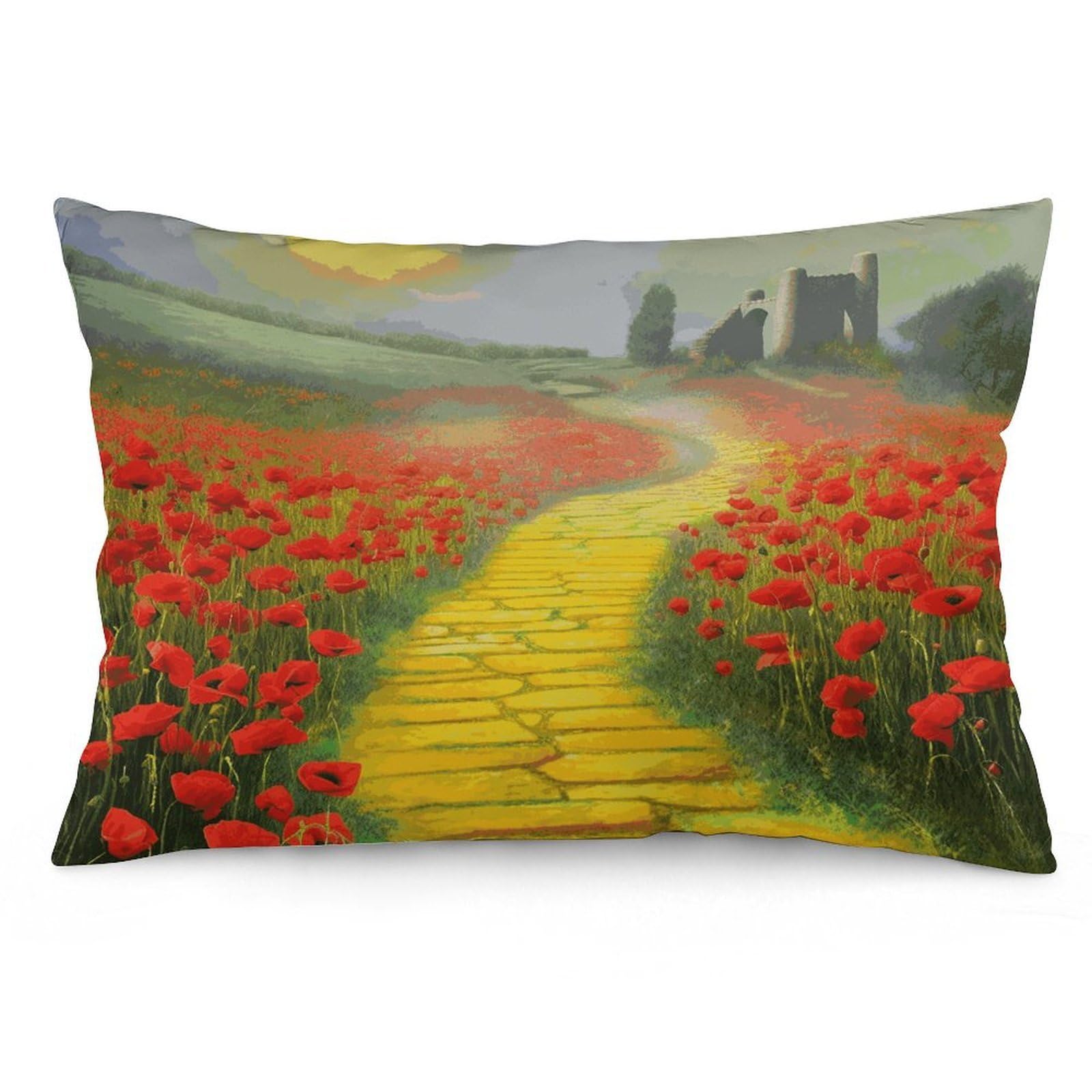 Poppies Field Yellow Brick Road Throw Pillow Cover Soft Lumbar Pillow Covers with Zipper Breathable Rectangular Cushion Case Polyester Pillow Case Decorative Body Pillow Cover for Couch Bed
