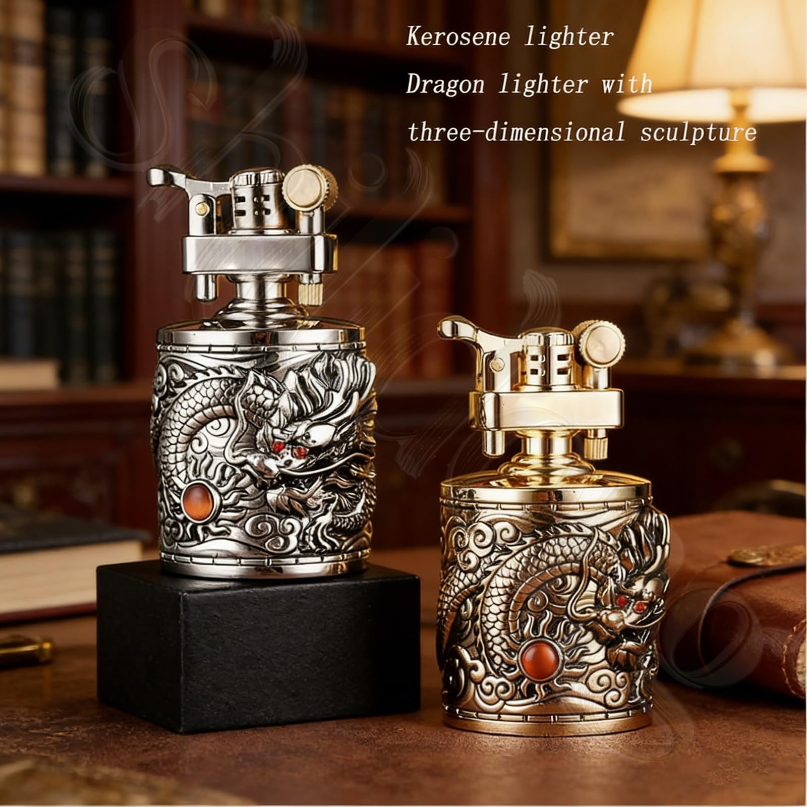 Briquet à kérosène de Bureau, Briquet en Forme de Dragon gravé en Cuir Gonflable rétro, Carburant Rechargeable, adapté à la Collection, à la décoration et aux Cadeaux(Silver)