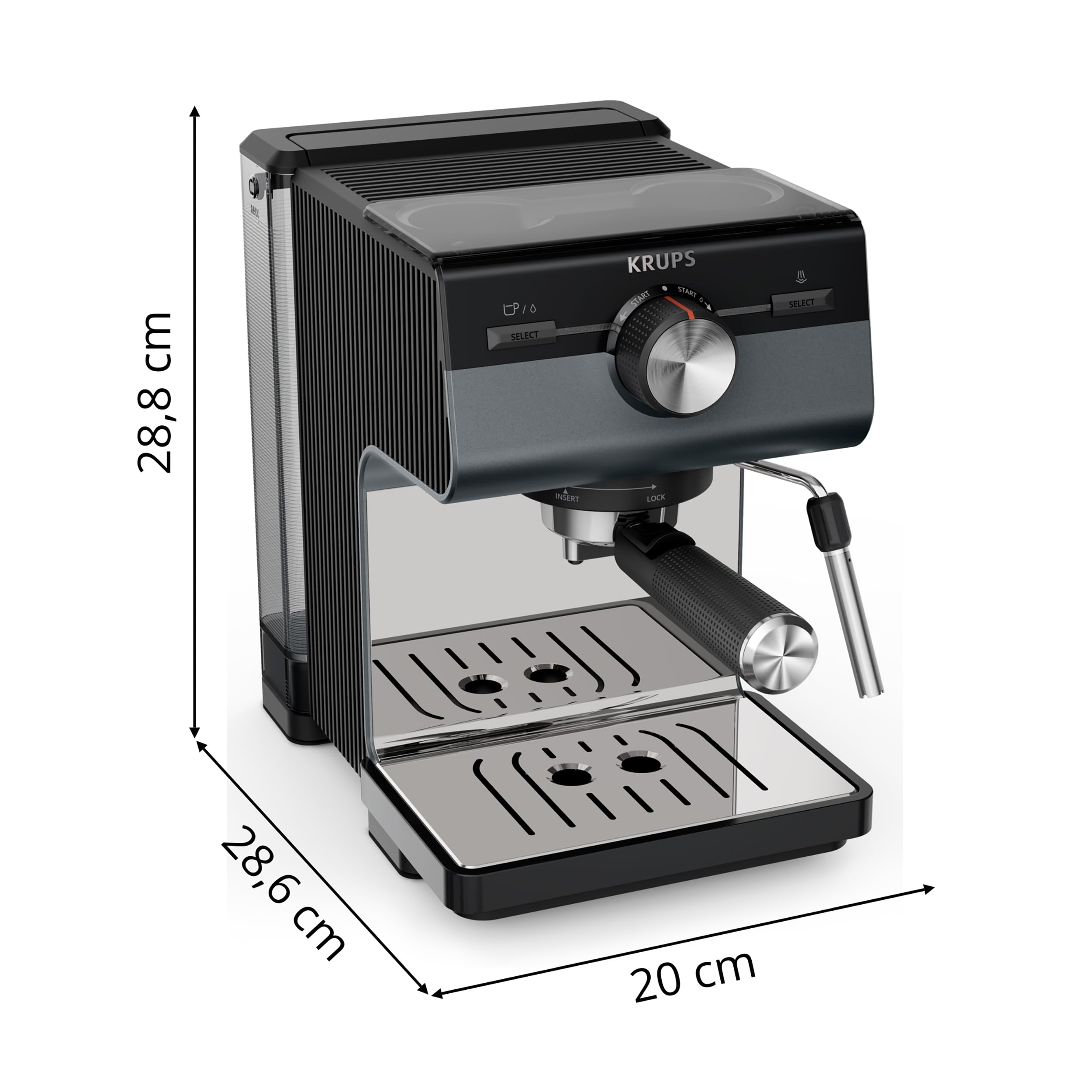 Krups Authentic+ Espresso-Siebträgermaschine, 15 bar, intuitive Bedienung, raffiniertes Design, Dampfdüse, inkl. umfangreichem Zubehör, Bullet Dark Silver/Edelstahl, XP384G10