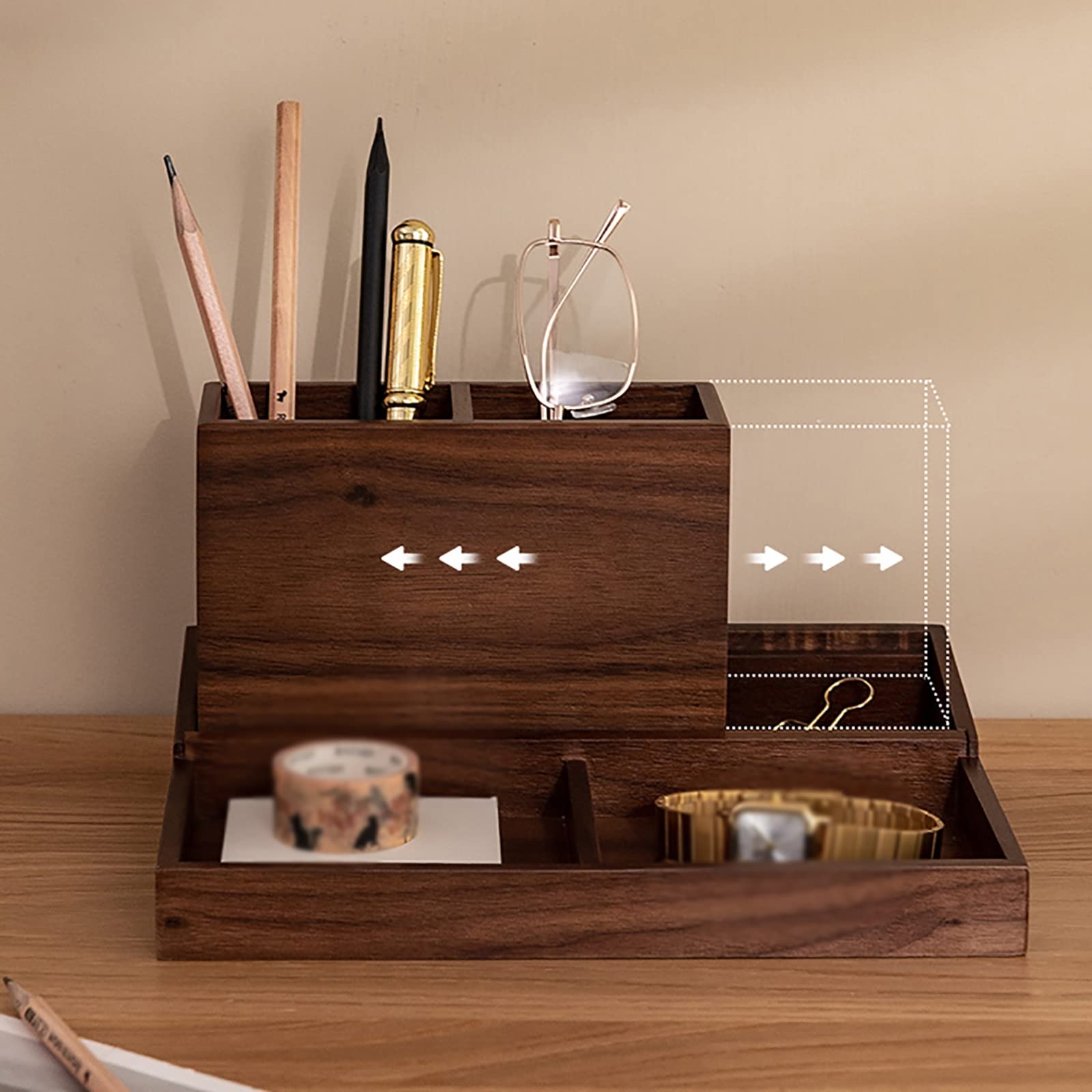 Portalápices de Madera Maciza con Compartimentos para Oficina y Escuela (marrón, Talla única)