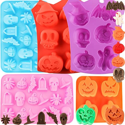 Moldes de silicona para chocolate, 5 unidades, calabaza, murciélago, cráneo, fantasma, araña, moldes para hornear, cavidad grande, mediana y pequeña