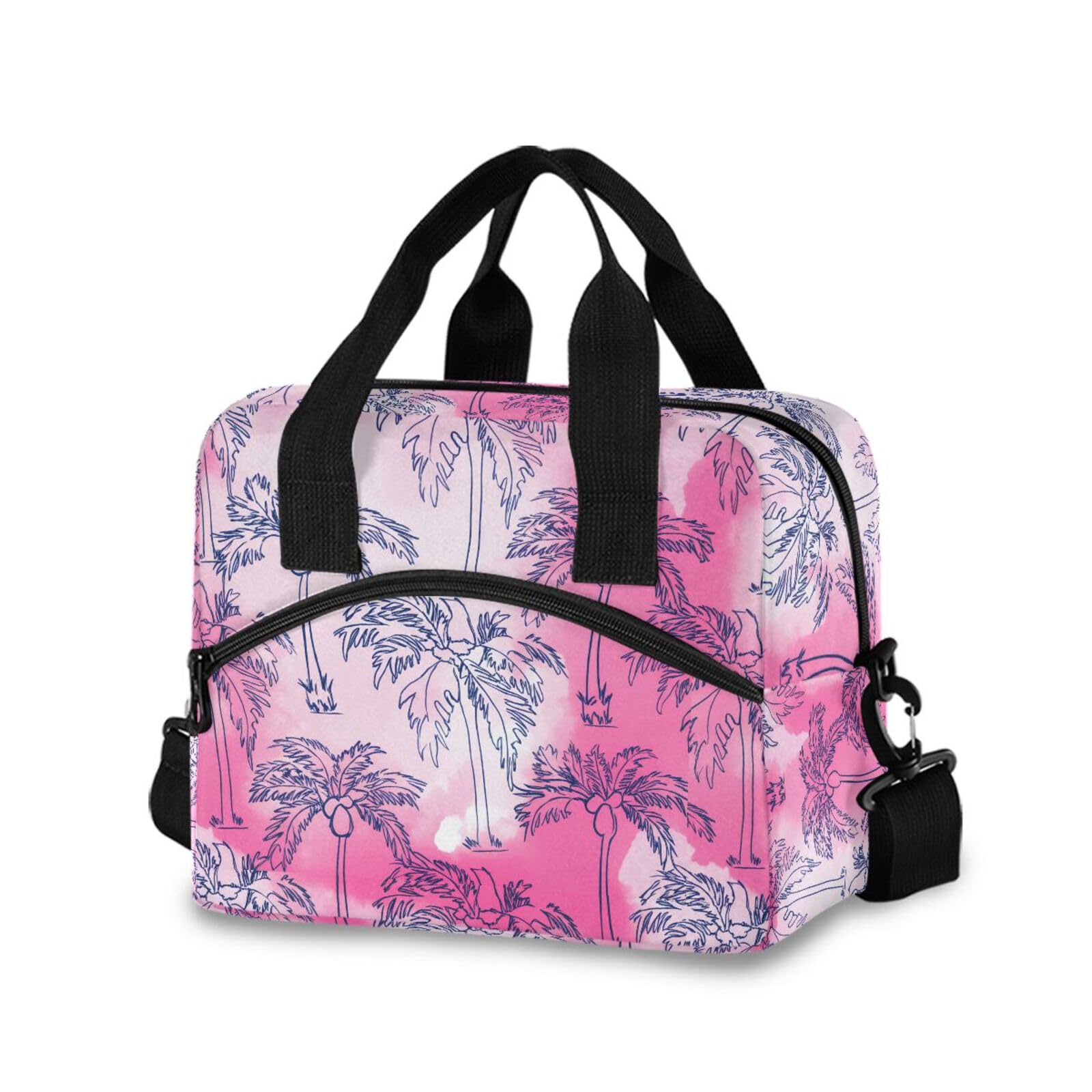 Sinestour Insulated Lunch Bag Reusable Cooler Coconut Palm Trees Pink Lunch Box Adjustable Shoulder Strap for Men Women Adults