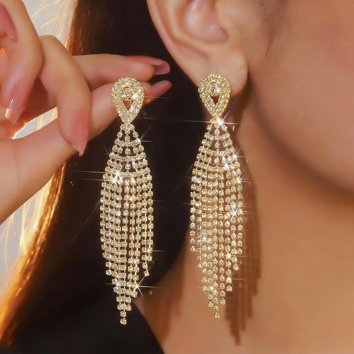 Clip On Rhinestone Earrings for Women Non Pierced Sparkly Chandelier Dangle Jewelry Prom Dress Wedding Guest Statement Accessories Birthday Gift for Her