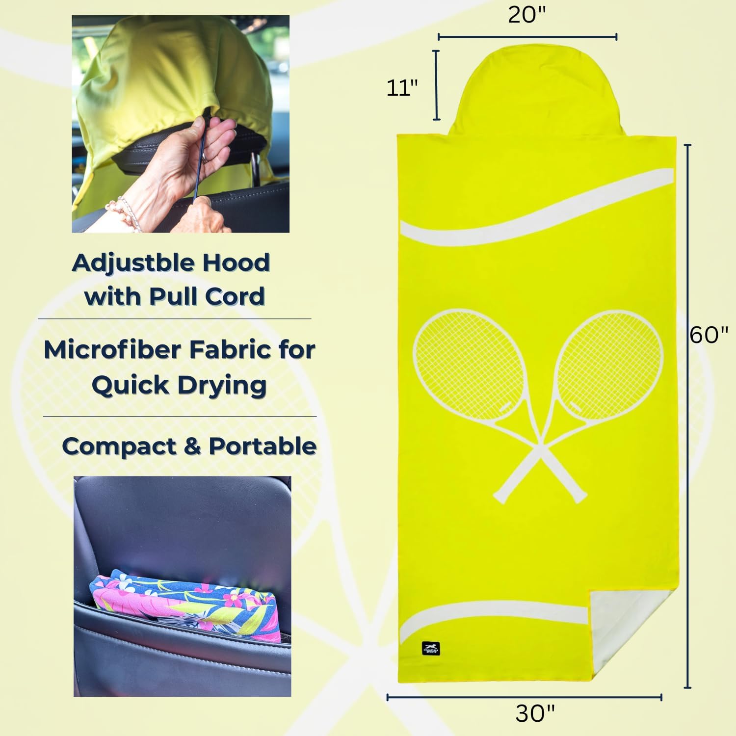 ChalkTalkSPORTS Performance Tennis Seat Cover Towel - Microfiber Hooded Towel Seat Protector - Tennis Time- 30" x 60" Moisture-Wicking