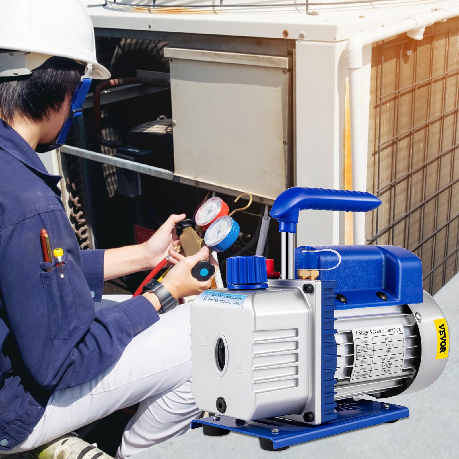 VEVOR Pompe à Vide 3 CFM 1/4 HP Réfrigérante HVAC Climatiseur 1 Étape 85 L/min Pompe à Vide Rotation 1440 tr/min Pompe d'Évacuation sous Vide pour Clim Voiture Automobile Réfrigérateur Réfrigération