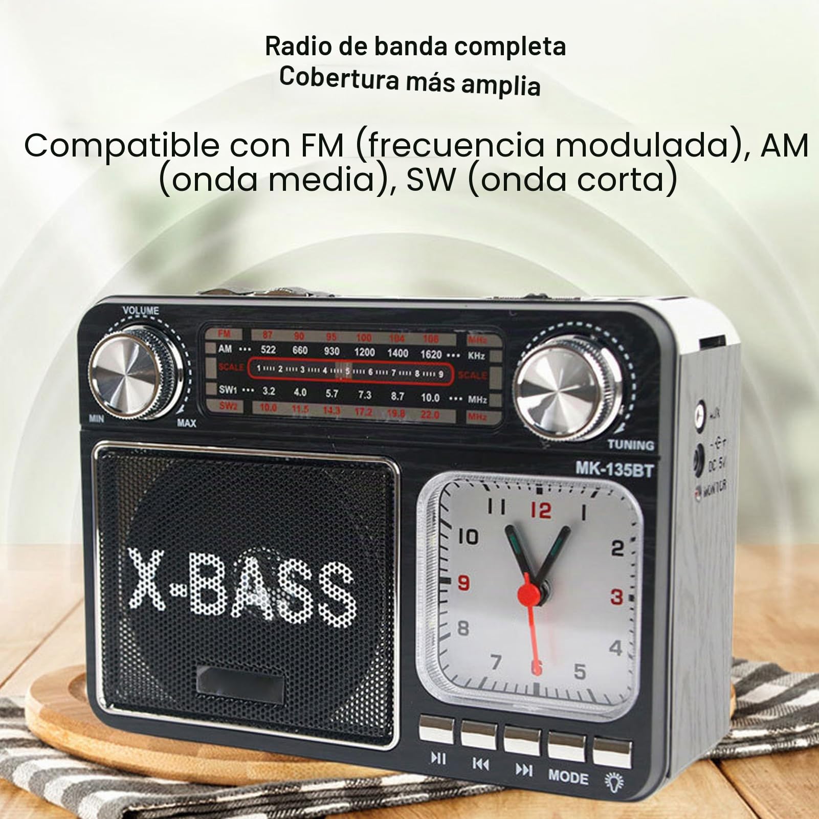 Altavoz Bluetooth Radio Estilo Retro, Radio Portátil Am FM SW, Radio de Sintonización Manual Inalámbrica con 3 Modos de Fuente de Alimentación, Reloj para el Hogar (Enchufe de la