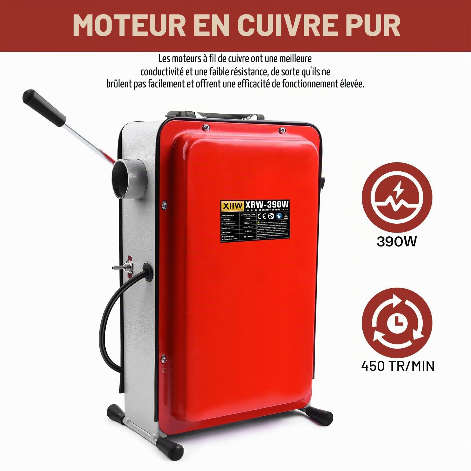 XIIW Kit Déboucheur de Canalisations 450 tr/min - Furet Électrique 390W 3 Spirales (12m/10m/2,5m) - Rotation Avant/Arrière - Pour Déboucher et Nettoyer les Tuyaux Ø20-100mm