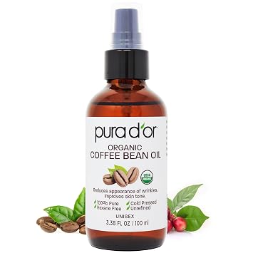 PURA DOR ORGANIC Coffee Bean Oil 100% Pure USDA Certified Premium Grade Natural Moisturizer, Cold Pressed, Unrefined, Hexane-Free Base DIY Skin Care For Men & Women 3.3 Oz Ayurvedic Skin Care