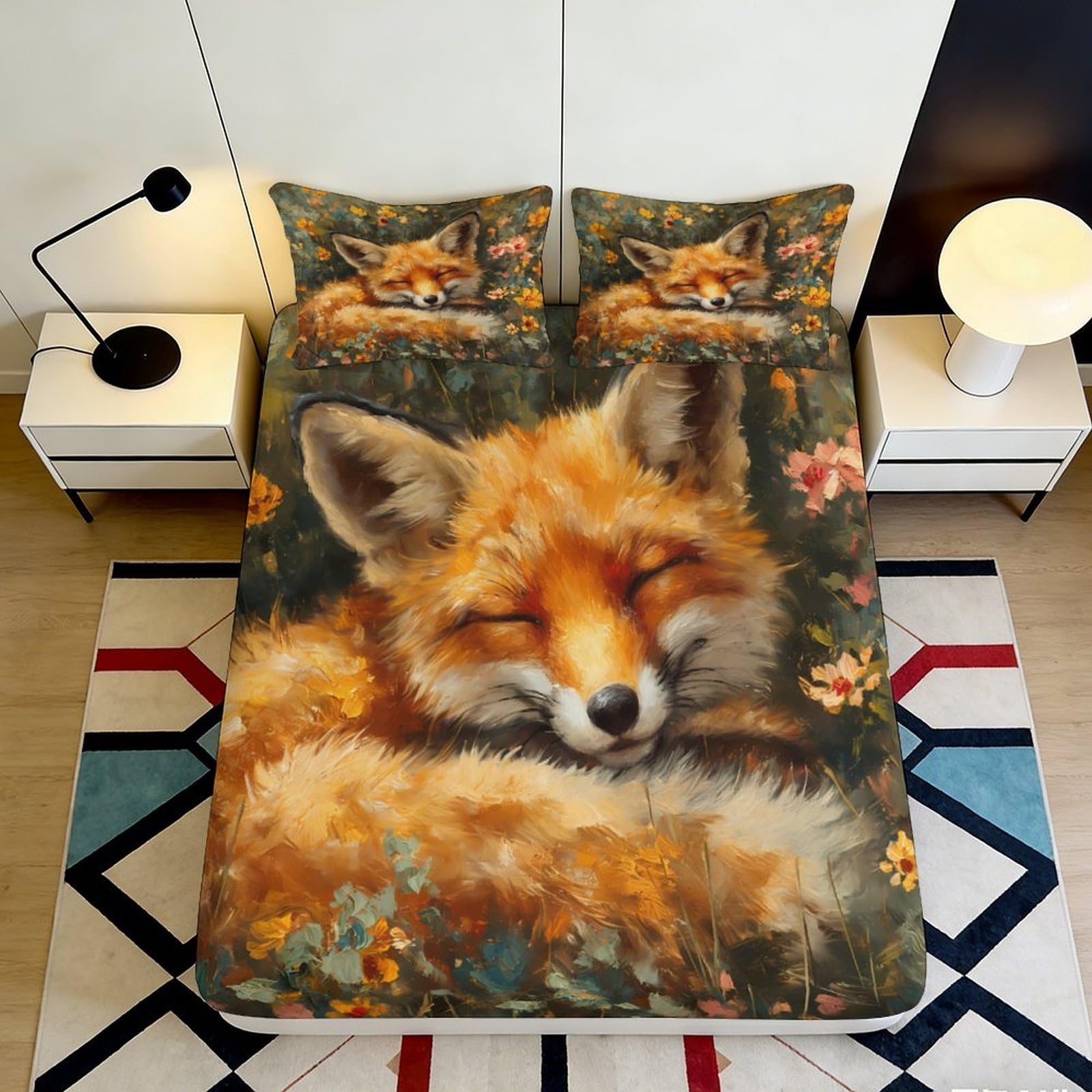 3D Printed Fox Forest Fitted Sheet Microfiber Soft Anti-Slip Mattress Cover for Bedroom Dorm Decor Easy Care 120x200x25cm
