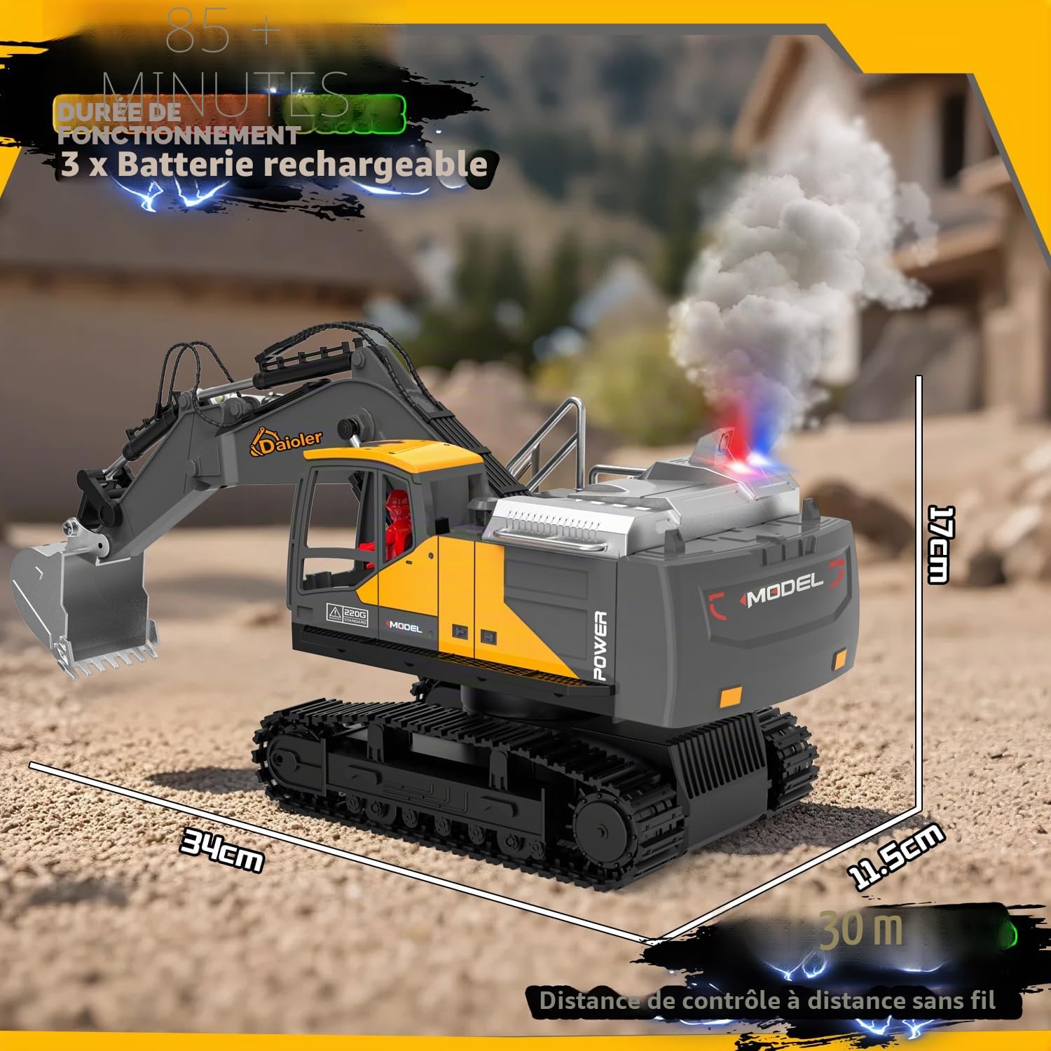 Pelleuse RC Jouet Véhicule de Construction pour Enfants 3-12, Voiture Télécommandée avec Pulvérisateur, Pelle en Métal / 3×Batterie / Rotation à 680°/Éclairage, Pelle Hydraulique pour