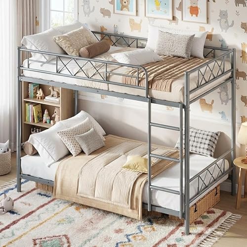 IDEALHOUSE Twin Over Twin Bunk Bed for Kids, Teens & Adults, Heavy Duty 2-Tier Bed with Stairs, Full-Length Guardrails, Metal Slats, No Box Spring Needed, Space-Saving Design, Grey