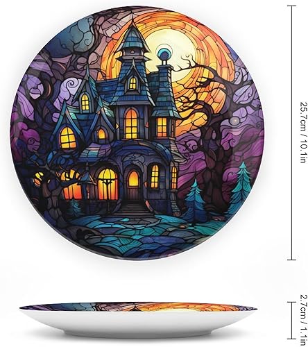 Miniatura 2 de Platos decorativos, diseño de casa embrujada, luna, noche, vitral, placa de cerámica para el hogar, plato tambaleante con soporte de exhibición,