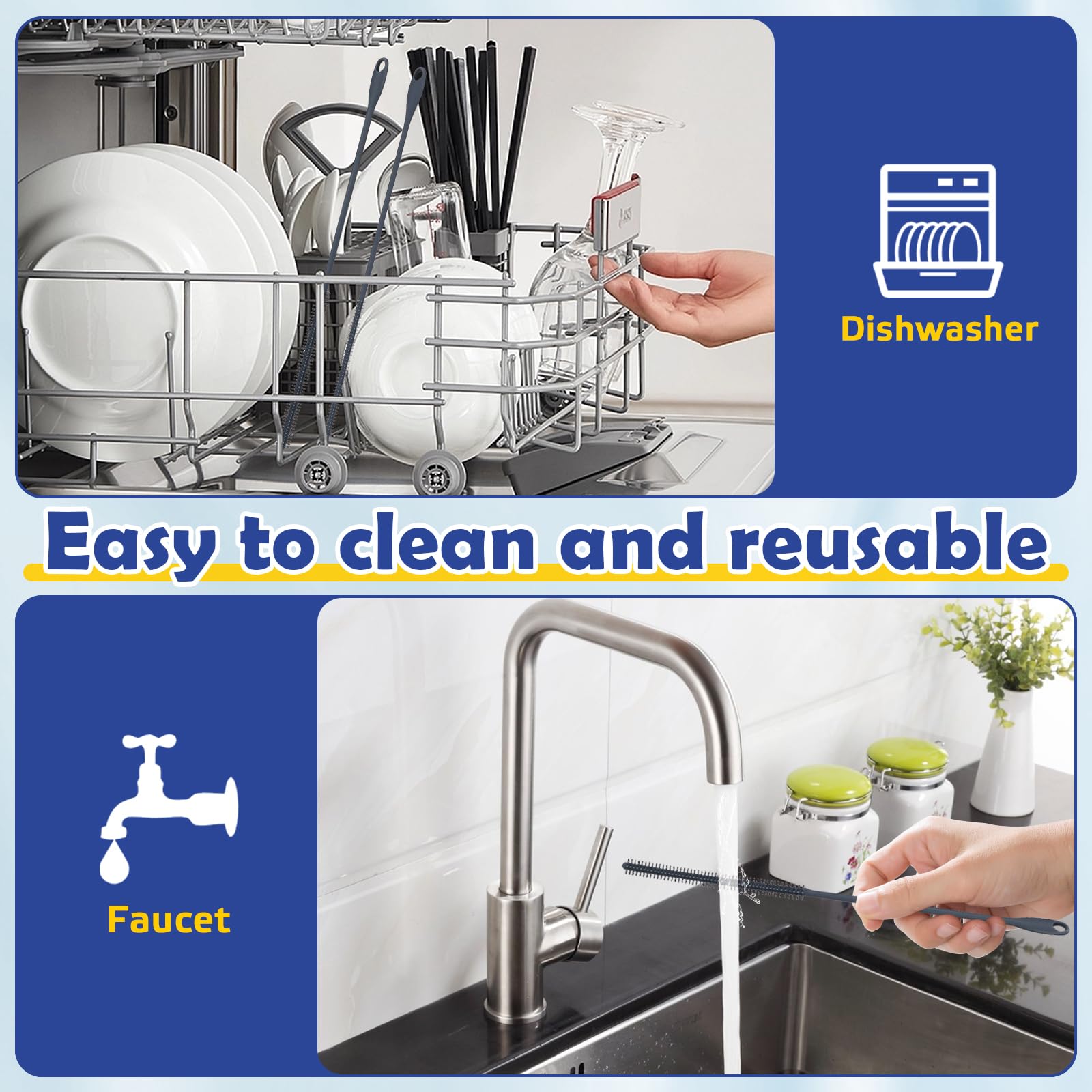 Accessoire écologique 2 Goupillons à Paille Extra-Longs POMAMZ - Silicone Réutilisable Pour Nettoyer Pailles Métal Et Verre Brosse Paille Longue