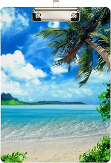3D Beautiful Tropical Coast Beach Palm Trees Custom Acrylic Clipboard, A4 Standard Size Sliver Clip Board Decorative for Students, Office, School, Nurses(12.5" x 9")