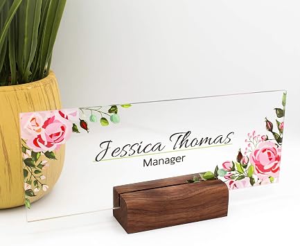 Personalized Name Plate for Desk Nameplate Sign Modern Office Decor Executive Desk Name Plate Desk Name Flowers Roses Leaves 8"x3"
