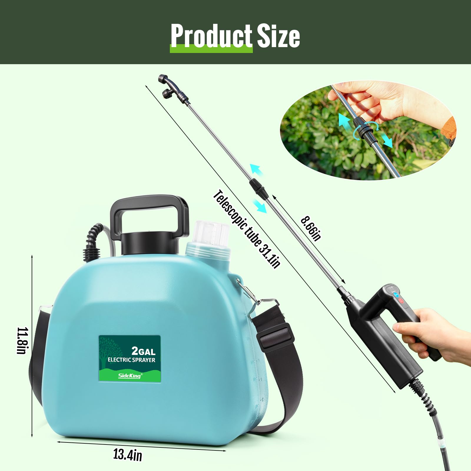 SideKing Spruzzatore elettrico da giardino alimentato a batteria, con 3 pressioni di spruzzo regolabili, manico ricaricabile e indicatore della batteria, bacchetta telescopica e 4 ugelli per la cura