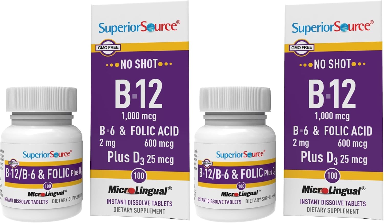 Superior Source No Shot Vitamin B-12 Cyanocobalamin 1000 mcg, B-6, Folic Acid & Vitamin D-3 1000 IU - Supports Energy, Brain, Heart, & Bone Health - 100 Sublingual Dissolving Tablets (Pack of 2)