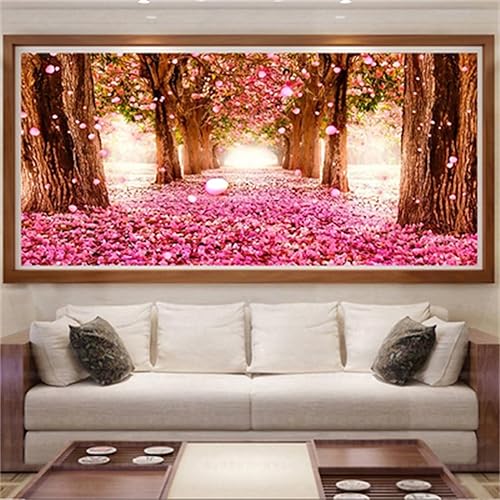 Kit de pintura de diamante 5D con diseño de flor de cerezo rosa, pintura de diamante por número para adultos, 32 x 88 pulgadas, gran taladro redondo