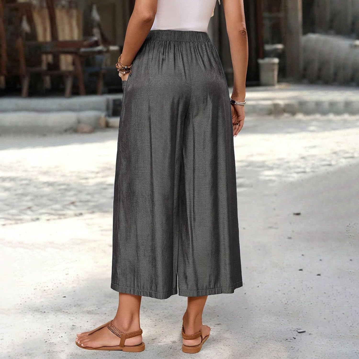 Loose Wide Leg Boho Cropped Trousers, Pocketed Light Pants for Womens 2026 Summer Beach Casual Outfits