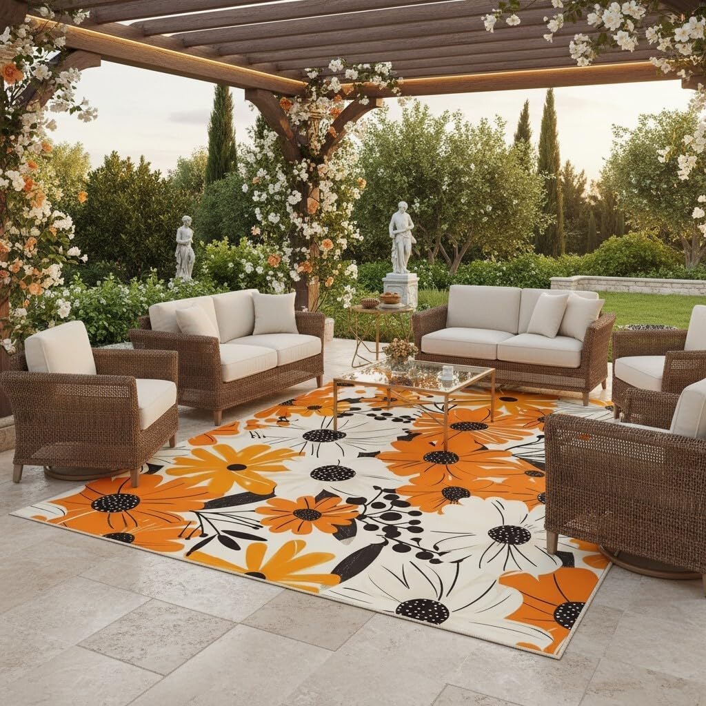 Bohemian Chic Orange Wildflowers Pattern Ourdoor Large Area Rugs for Camping Pool Ultra Soft Comfort Waterproof Carpet Deck Porch Aesthetic Garden Balcony Patio Floral Outside Deco Carpet 7x9